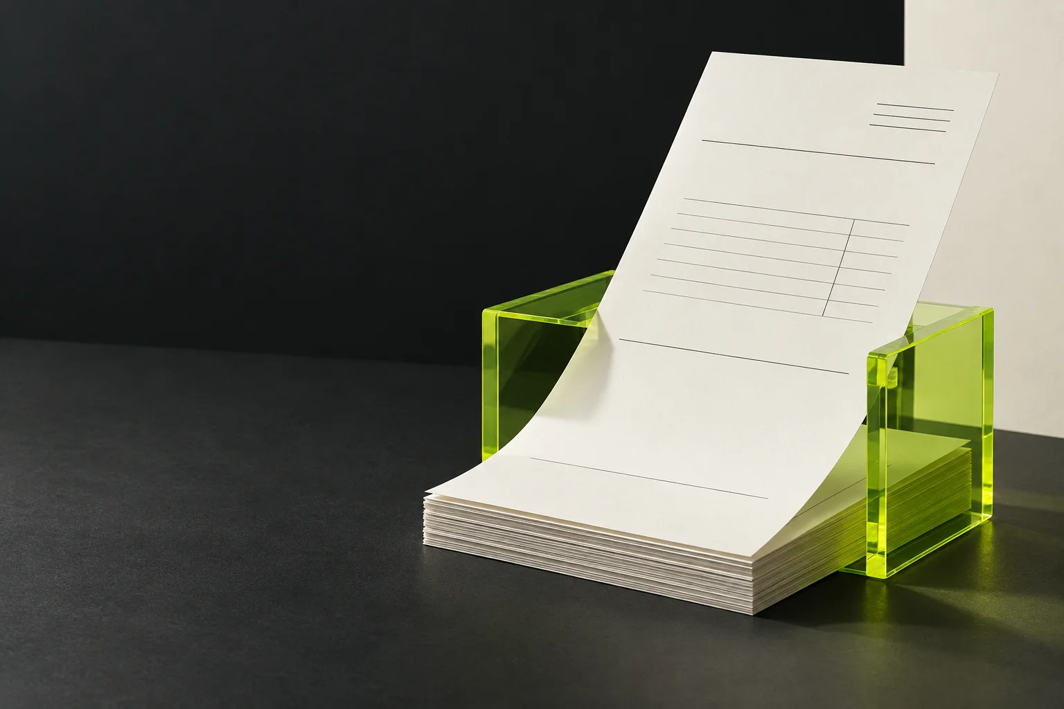 Documentos em branco organizados com uma estrutura verde lima; visual conceptual, não uma fatura emitida
