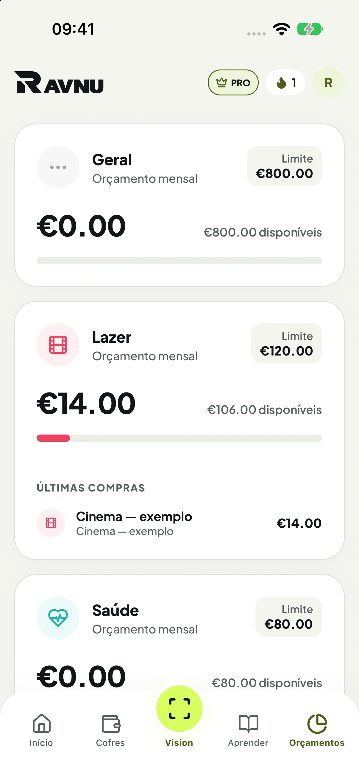 Orçamentos por categoria na Ravnu com limites e despesas